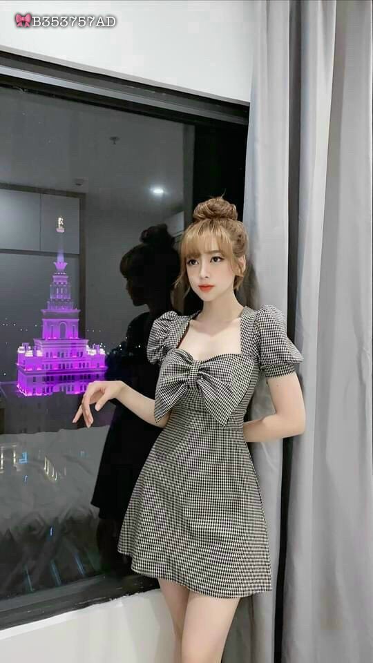 Đầm kate ôm body buộc nơ phối tay búp xinh sắn