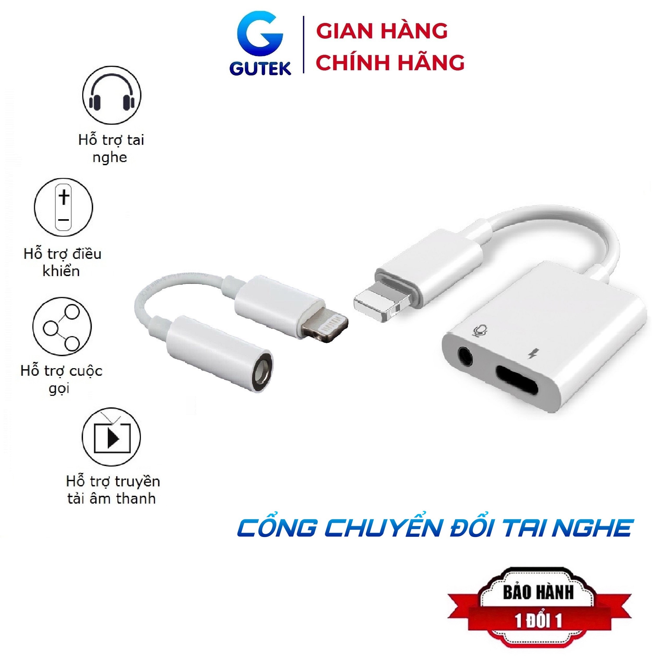 Dây cáp chuyển đổi tai nghe cổng giắc 3.5mm sang chân cắm lightning iphone kèm cổng sạc an toàn - Gutek A3