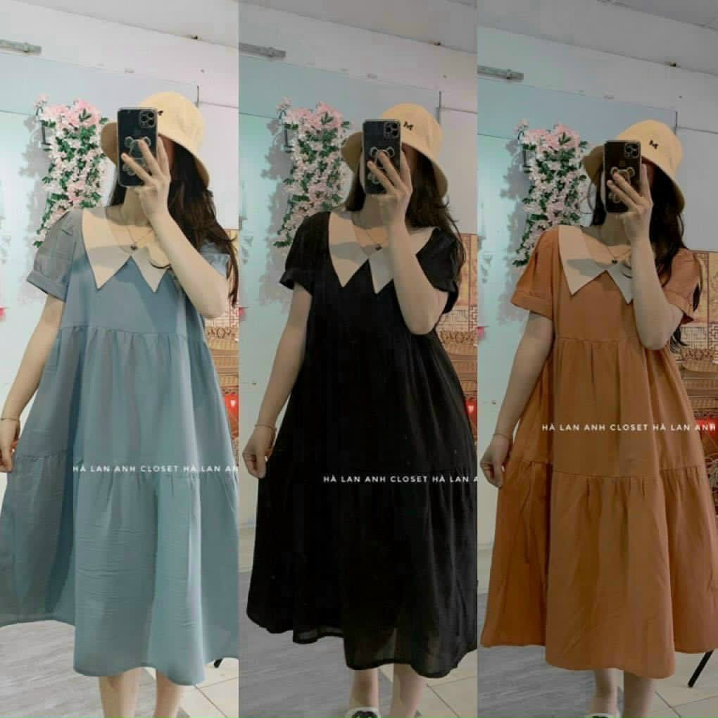Đầm bầu váy bầu babydoll cổ nhọn