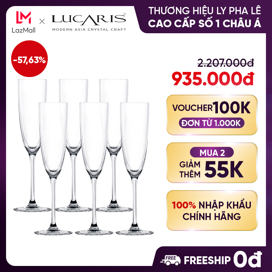 Bộ 6 ly uống rượu vang sâm panh pha lê cao cấp lucaris champagne 165ml nhập khẩu chính hãng không chứa chì tokyo s02cp06