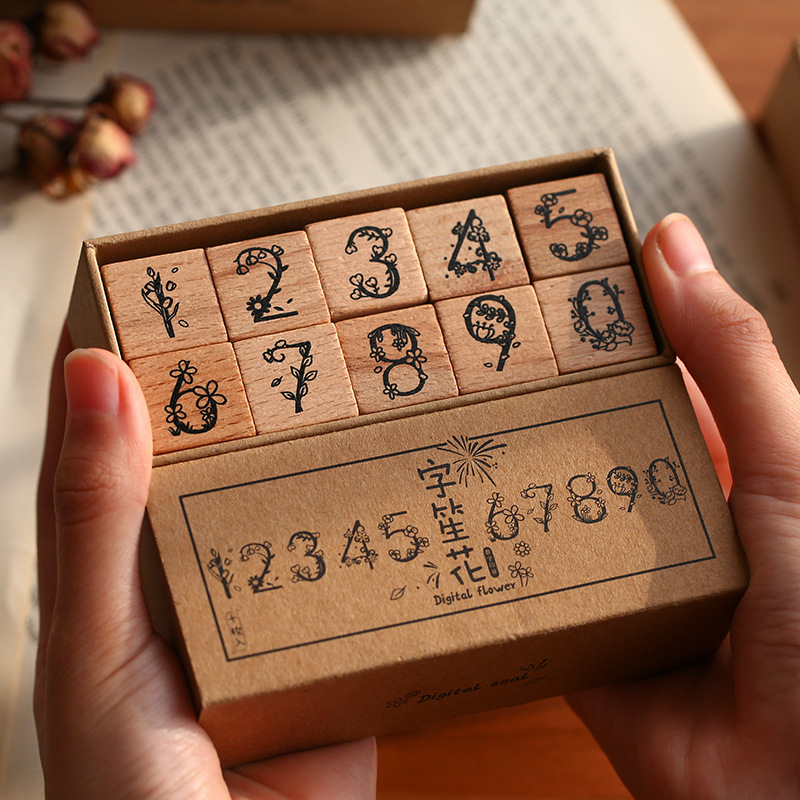 Set 10 Con Dấu Gỗ Chữ Số Trang Trí Planner Thiệp Handmade Scrapbook