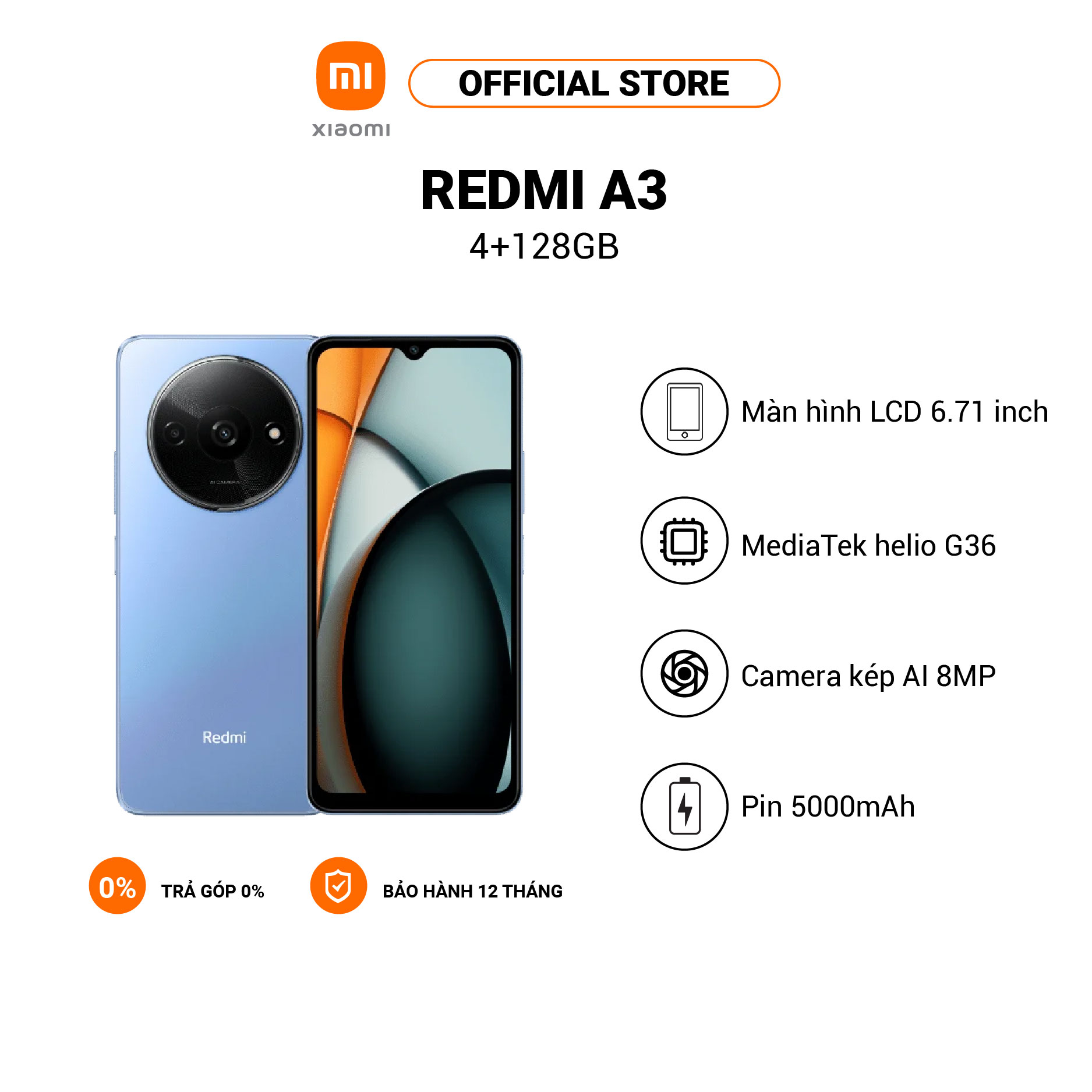 Điện thoại thông minh Xiaomi Redmi A3 (4+128GB) | Màn hình LCD 6,71" 90Hz | MediaTek HelioG36 | Pin 5000mAh