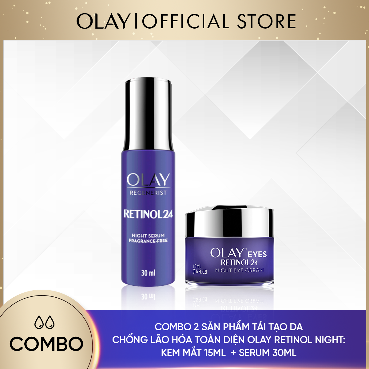 [25-30.11 DEAL SỐC ĐƠN 749K TẶNG 4 QUÀ] Combo 2 Sản Phẩm OLAY Retinol Tái Tạo Da Và Chống Lão Hóa Toàn Diện: Kem Mắt 15ml + Tinh Chất 30ml [Số lượng quà có hạn]