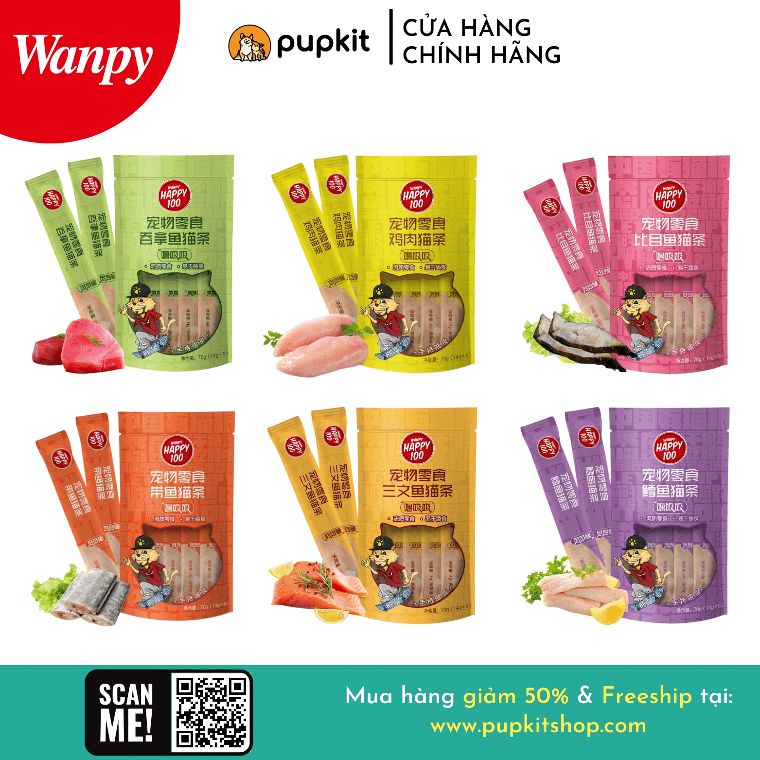 Súp thưởng wanpy happy 100 cho mèo 14g*5 thanh
