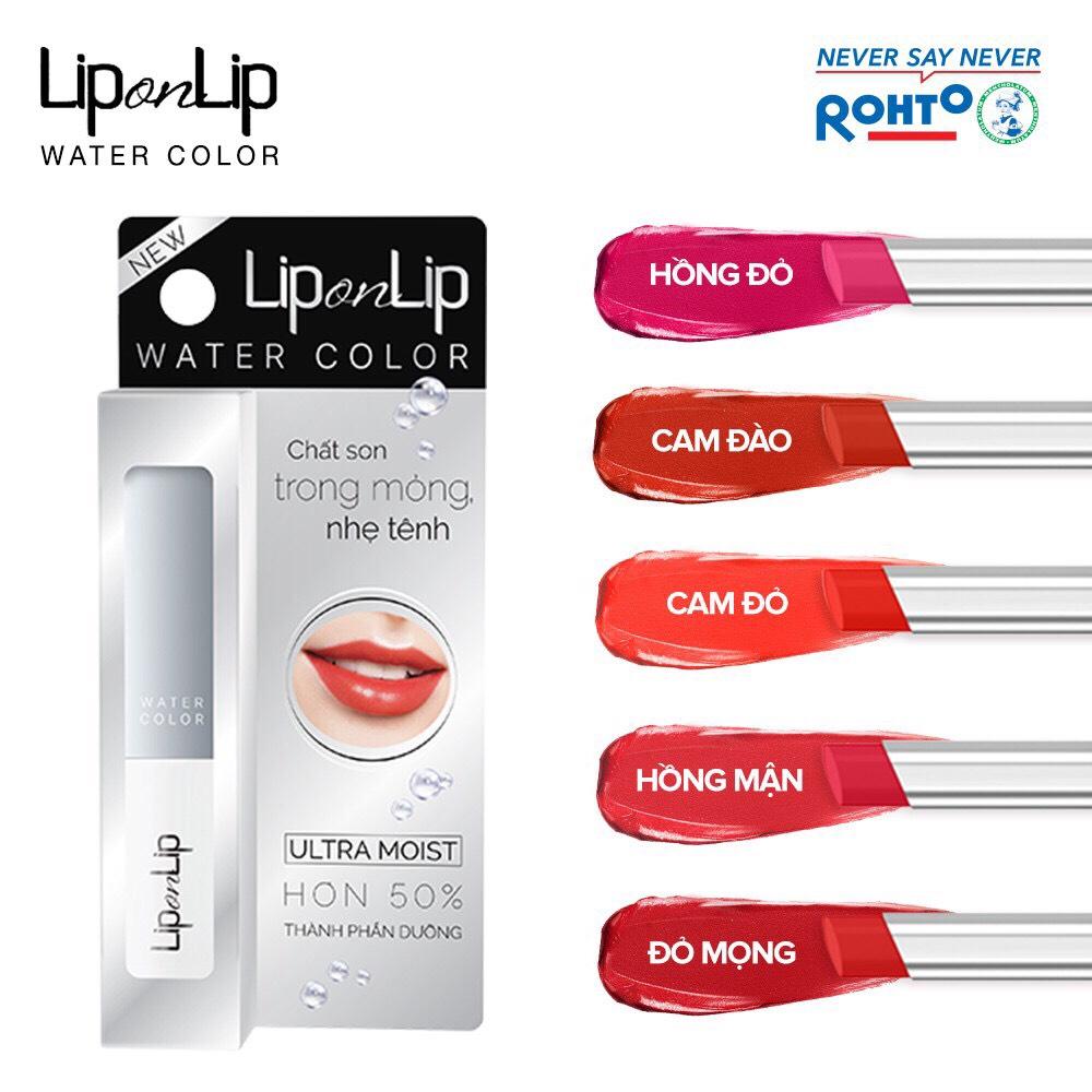 Son có màu lip on lip water color 2.2g -có có 5 màu: đỏ mọng - juicy red, cam đỏ - red orange, hồng đỏ - red pink, cam đào - peach orange, hồng mận - plum pink