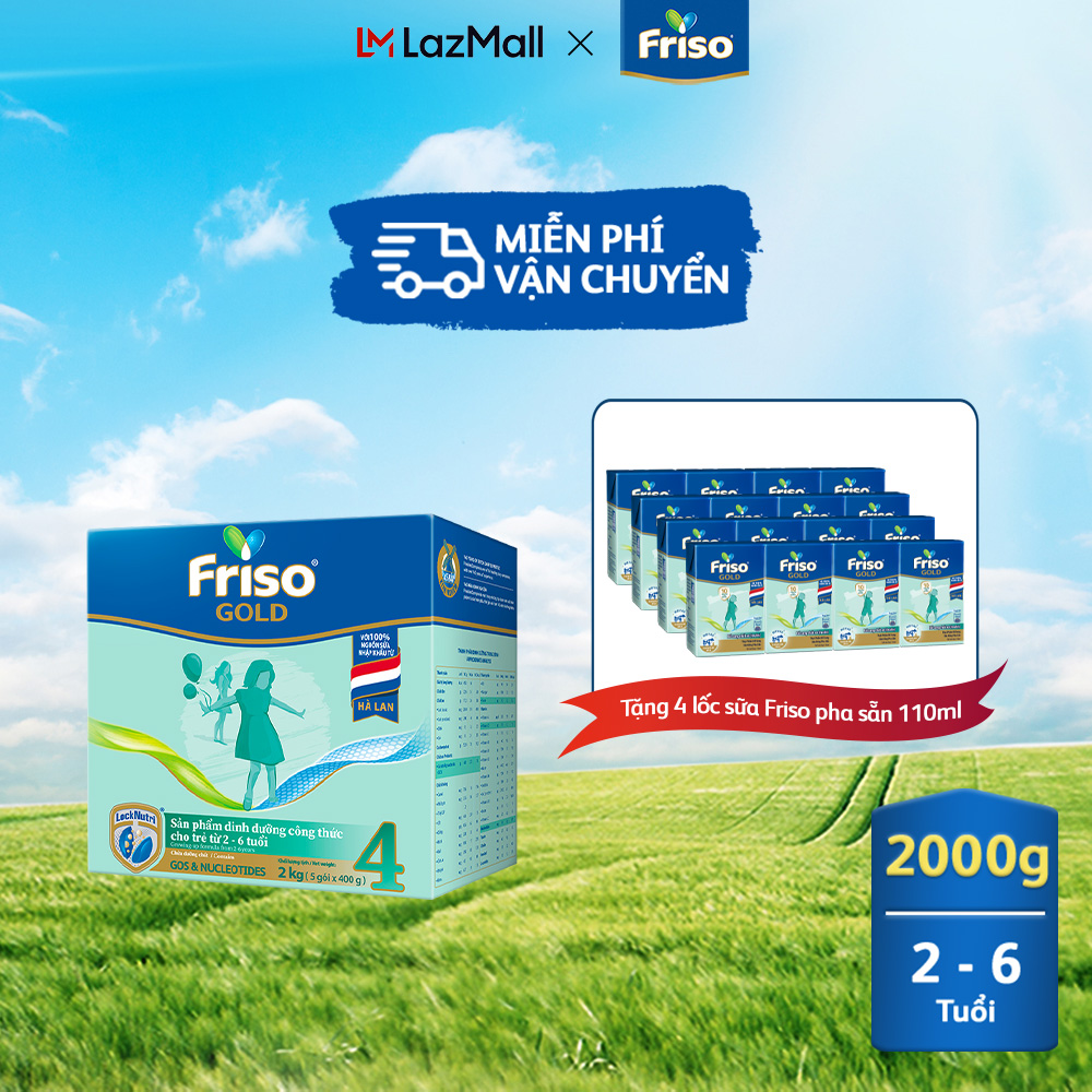 Sữa bột Friso Gold 4 Hộp Giấy 2KG Tặng 4 lốc RTD 110ml