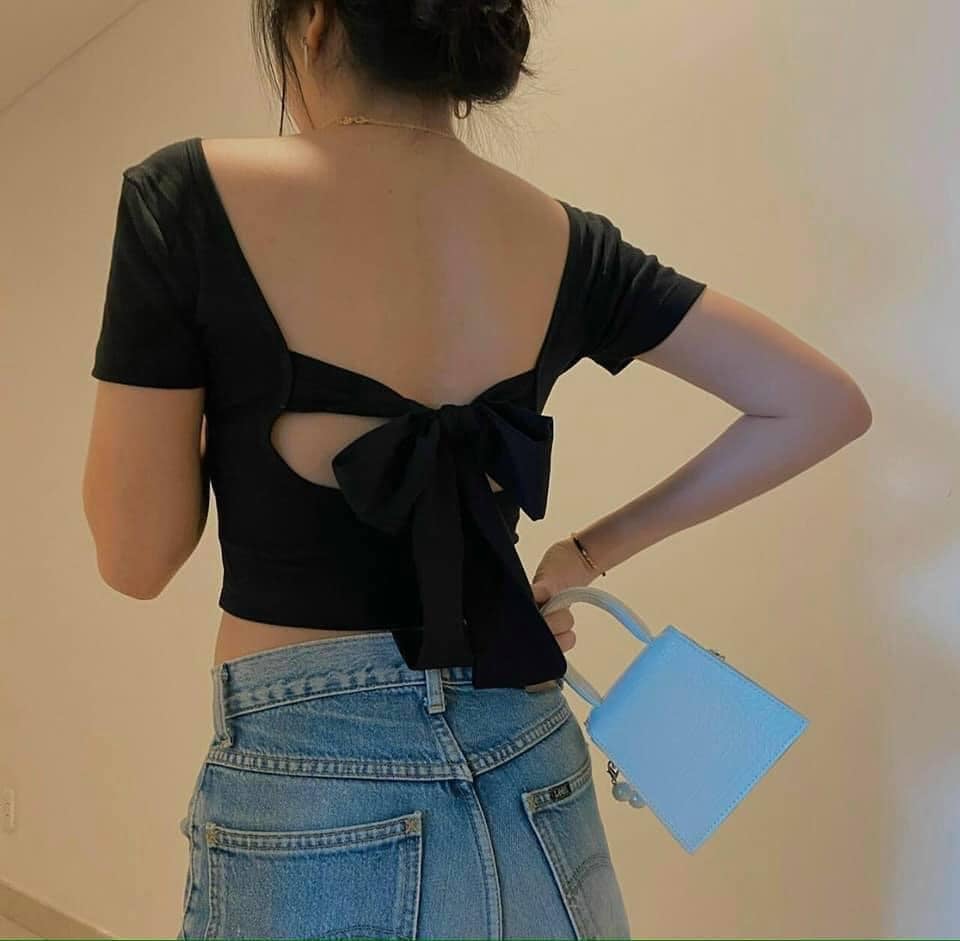 Áo croptop kiểu thun gân phối kiểu cột nơ sau lưng siêu hot hàng loại 1, form ôm body chuẩn