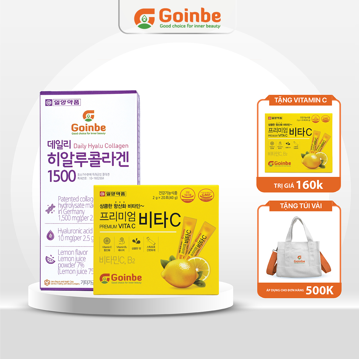 Bột uống goinbe daily hyalu collagen vị chanh + vitamin c goinbe premium vita c