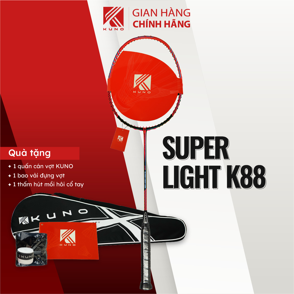 Vợt Cầu Lông Chính Hãng KUNO Super Light,  Siêu Nhẹ 72G Khung Carbon Cao Cấp Công Thủ Toàn Diện Lưới