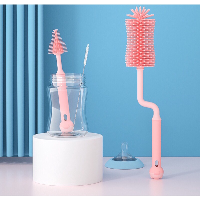 Bộ cọ rửa bình sữa silicon 3 chi tiết cho bé, cao cấp, tay cầm xoay 360 độ {Cọ rửa bình sữa cho bé}. Cọ bình sữa Moonship 2 chi tiết