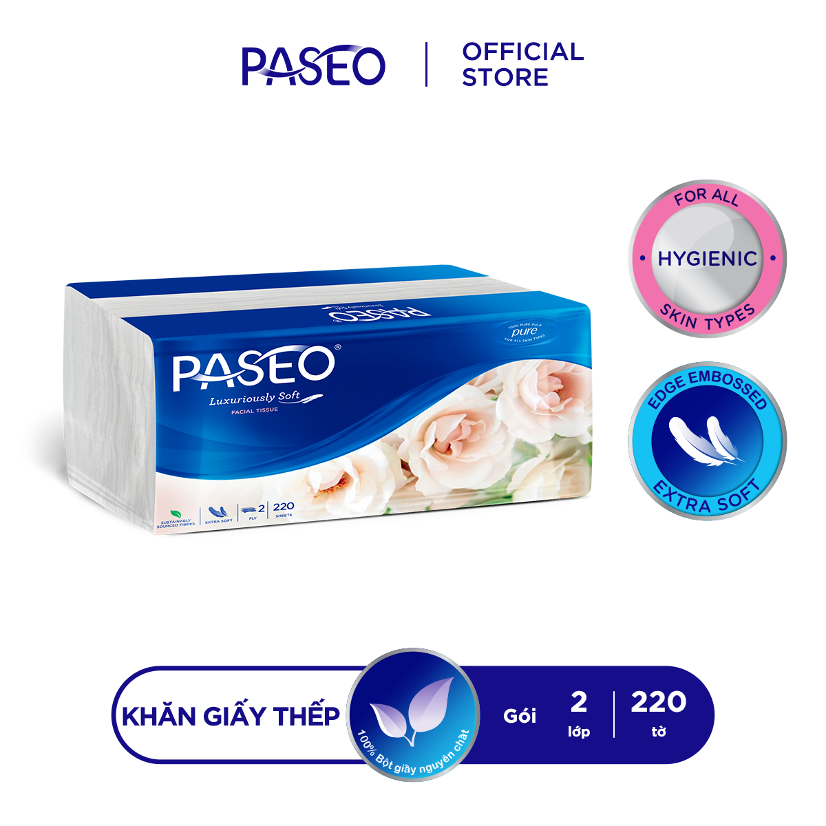 Khăn giấy rút cao cấp Paseo siêu mềm mại (220 tờ 2 lớp)/gói