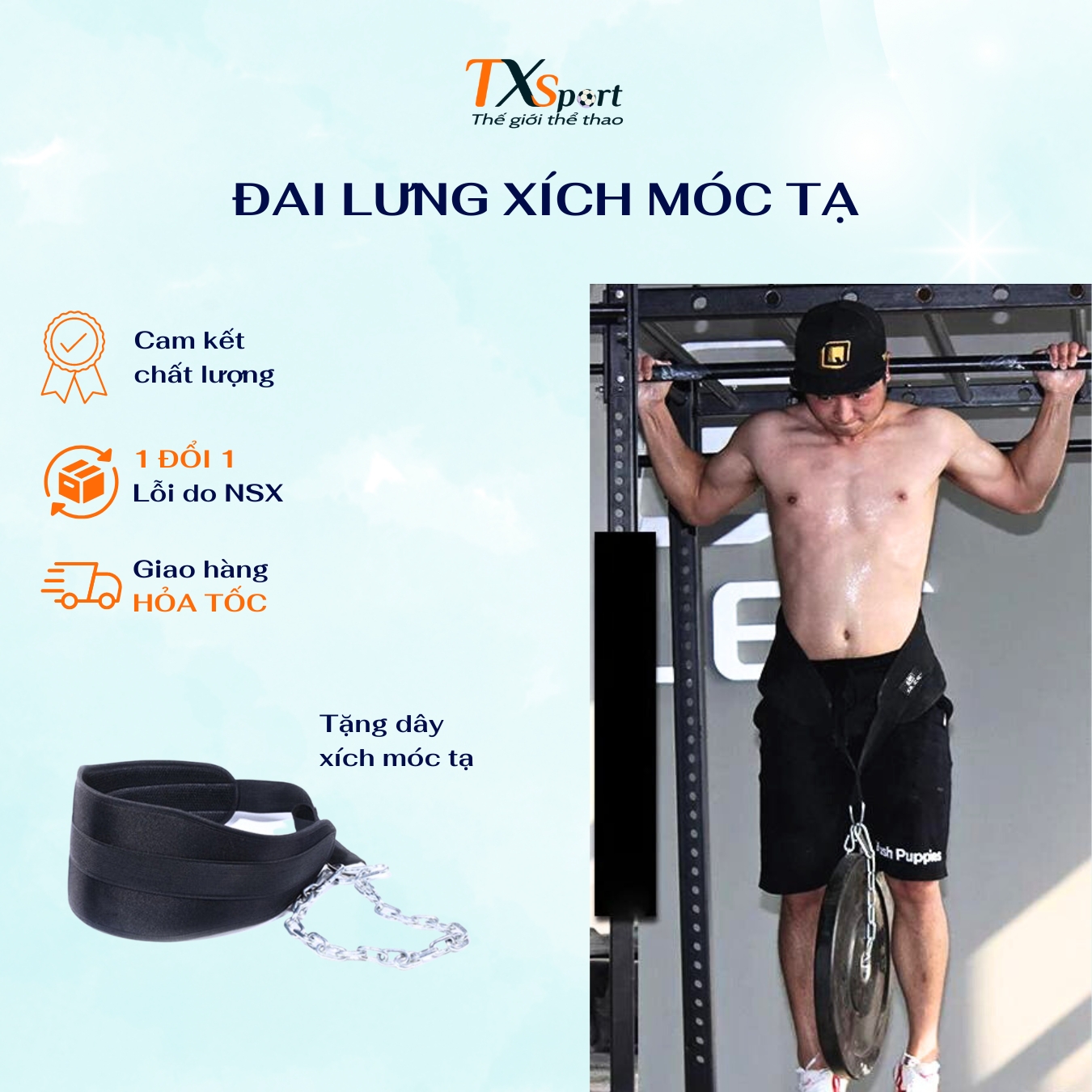 Đai lưng có xích treo tạ Dip Belt giúp bảo vệ vùng thắt lưng cột sống khi tập, hỗ trợ đa dạng các bài tập gym