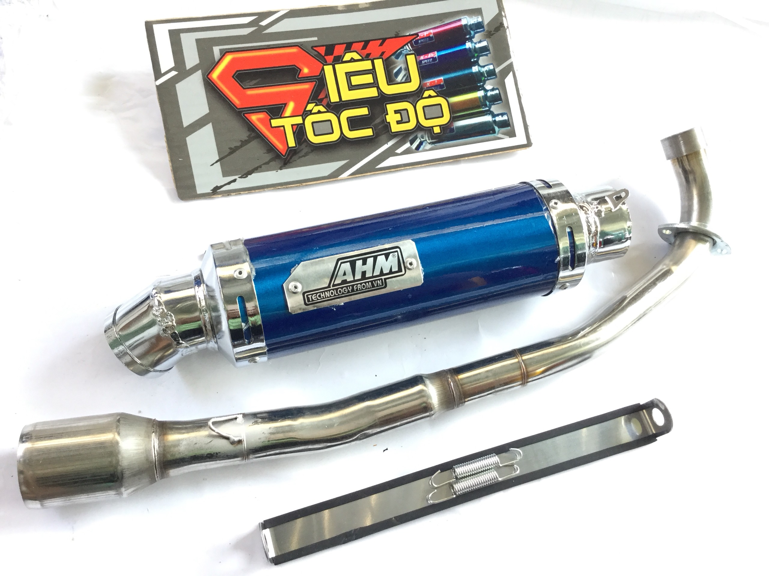Pô ahm xanh full pass treo lò xo bao gồm cả cổ pô độ cho xe wave 50 - 100, cup, dream, 67, exciter 50cc,...