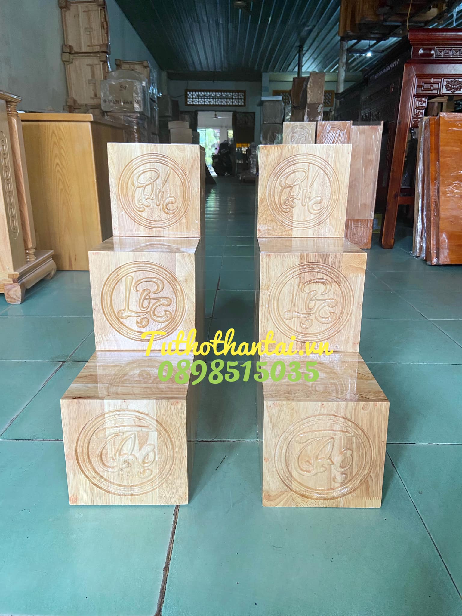 Bục tam cấp bàn thờ thần tài phúc lộc thọ hàng loại 1 100% gỗ