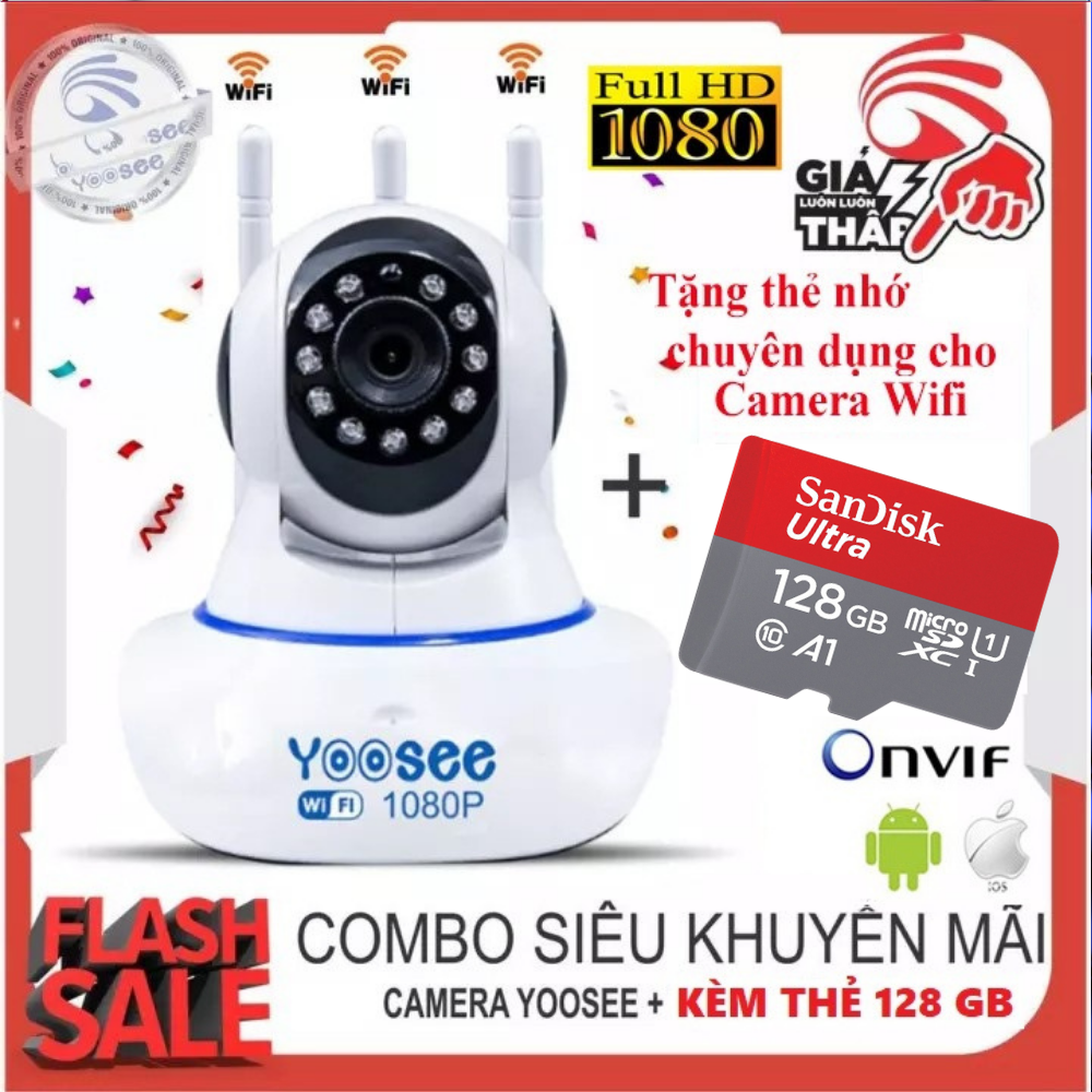 (KÈM Thẻ Nhớ 128 GB LOẠI XỊN,BẢO HÀNH  5 NĂM) Camera IP Wifi Yoosee 3 Râu xoay 360 độ độ phân giải FULL HD 2.0 MP 1920x1080p , CAMERA Không Dây , Camera trong nhà , camera ngoài trời , Camera hồng ngoại tích hợp ghi âm