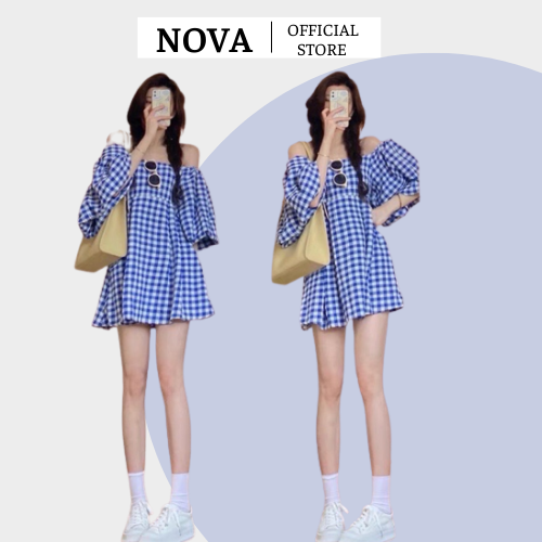 [ ẢNH THÂT VIDEO] Váy Kẻ Caro Xanh Tay Bồng Bẹt Vai, Đầm Babydoll Kẻ Caro Xanh