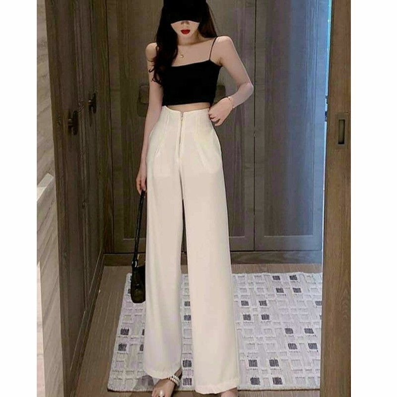 Quần tây nữ, quần ống rộng cạp liền eo cao khóa kéo dài 20cm dáng dài 100cm sành điệu