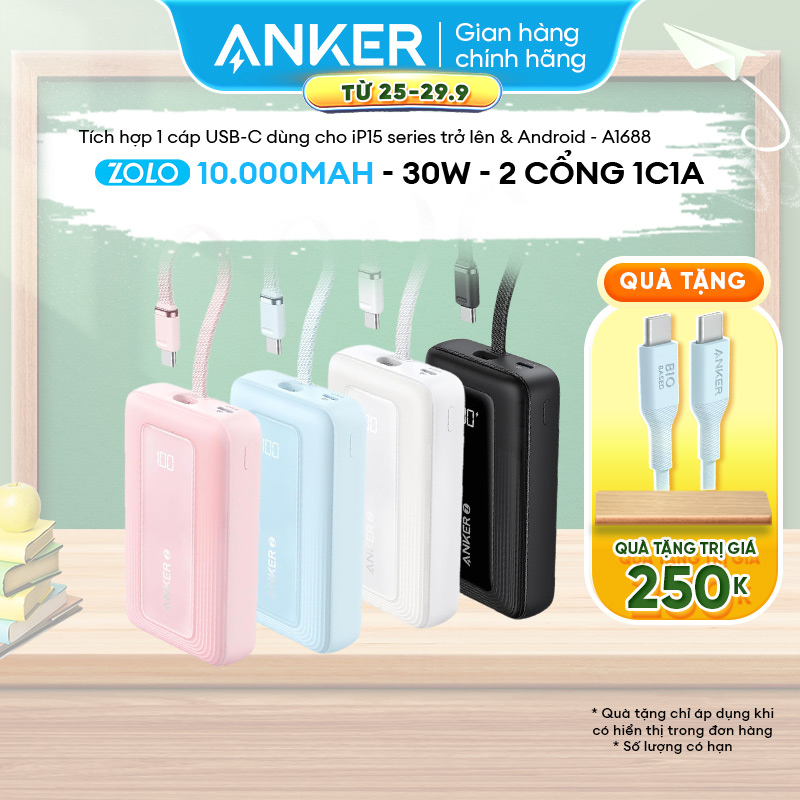 Pin sạc dự phòng ANKER Zolo 30W 10.000mAh tích hợp dây cáp USB-C - A1688