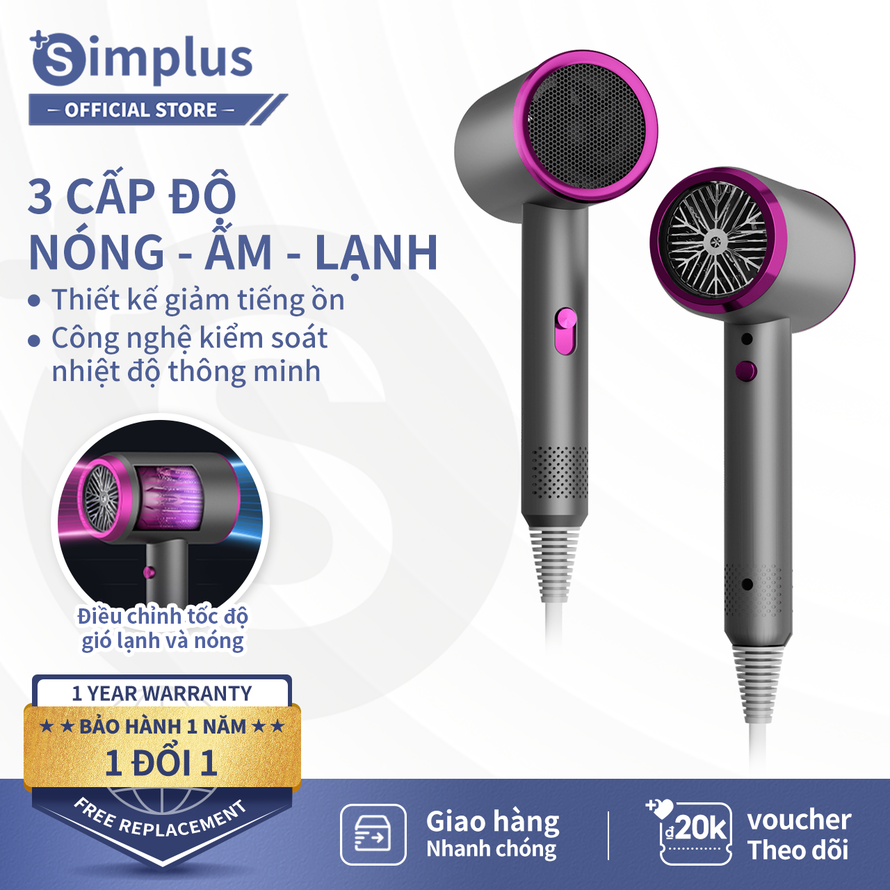 Máy Sấy Tóc Simplus Đa Năng 2 Kiểu Gió Nóng Lạnh, 3 Tốc Độ Gió, Nhỏ Gọn Tiện Lợi 220V Công Suất 1250W - Bảo Hành 1 Năm 1 Đổi 1