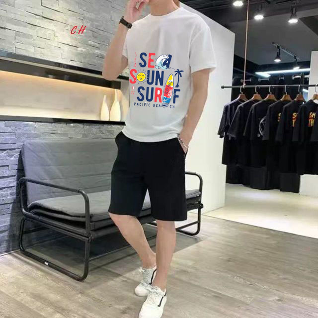 Sét Bộ Đồ Thời Trang Ulzzang Nam Nữ Học Sinh Mùa Hè Mặc Đẹp Đi Chơi, Áo Cotton In Họa Tiết Chữ Sea Sun Kèm Quần Cá Tính