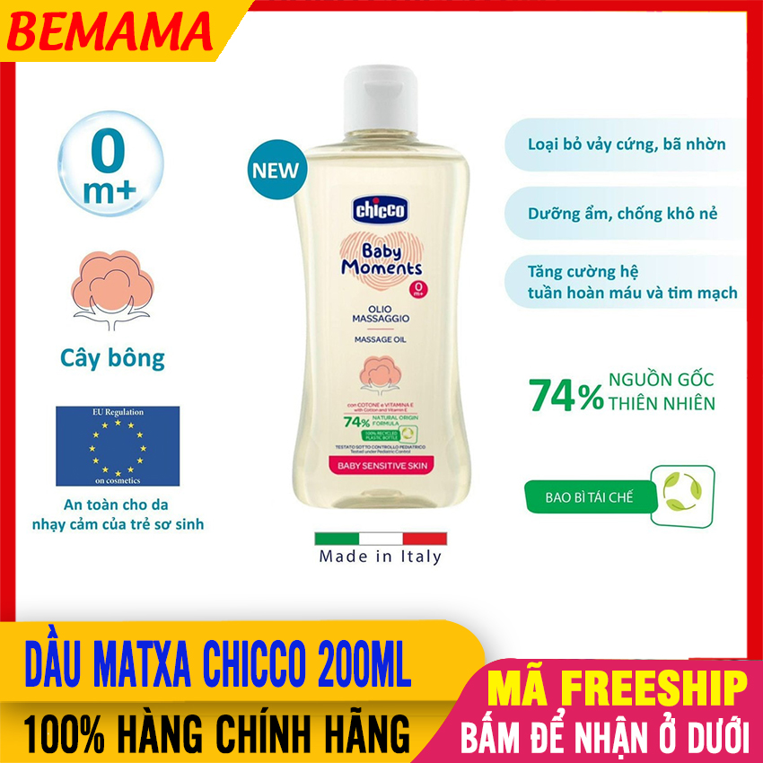 Dầu mát xa chiết xuất hạt bông chicco 0m+ 200ml dịu nhẹ với trẻ sơ sinh - dầu mát xa cho bé sơ sinh, dầu massage dưỡng ẩm trẻ em, tinh dầu dưỡng ẩm da bé, tinh dầu massage bemama - matxa chicco - 8058664129331