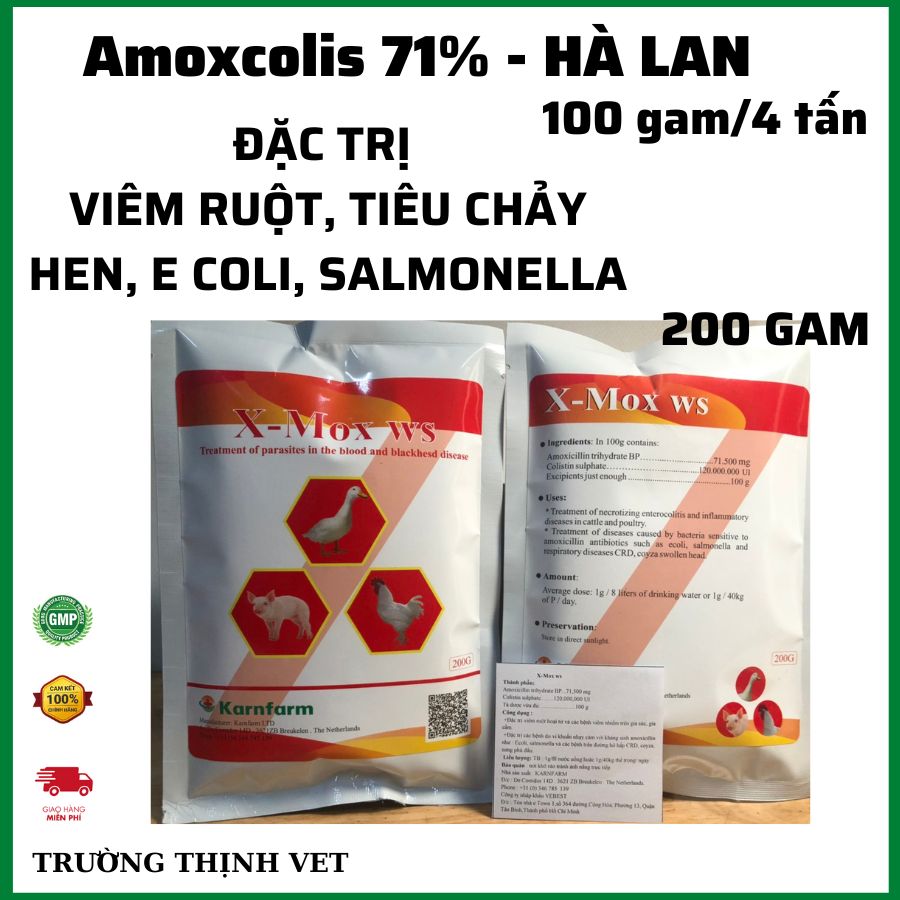 "Hoàn tiền đến 10%" Kháng sinh amoxcolis 71% Hà Lan 200 gam, đặc trị tiêu chảy, viêm ruột, ho hen, ecoli, salmonella. Thú y Trường Thịnh