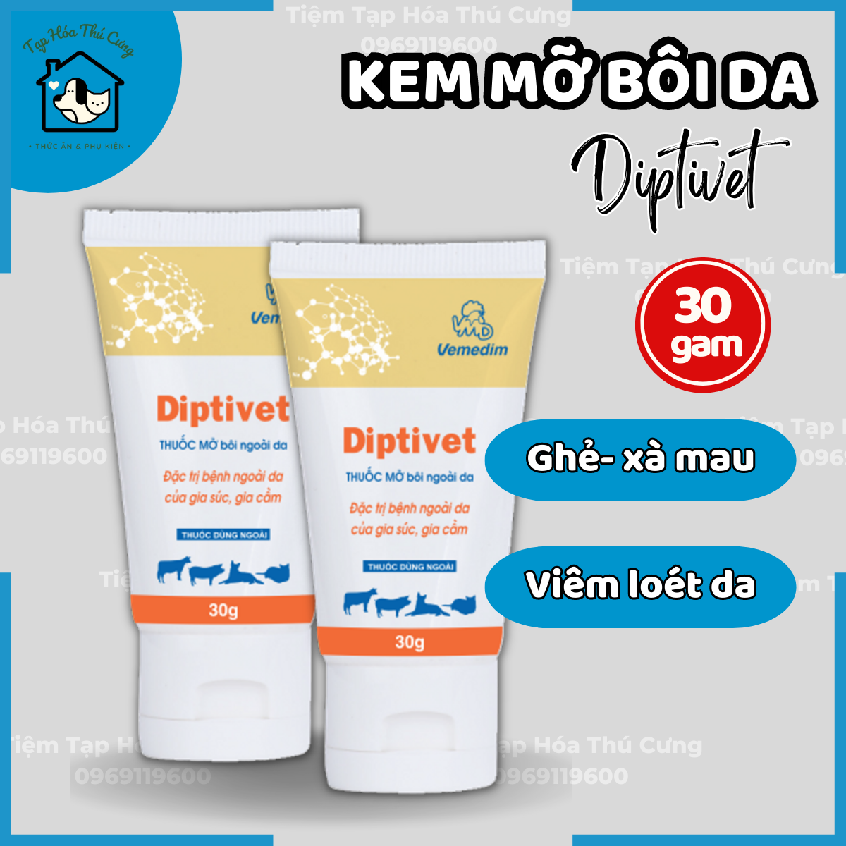 Kem mỡ bôi da DIPTIVET trị viêm da ghẻ xà mâu chó mèo