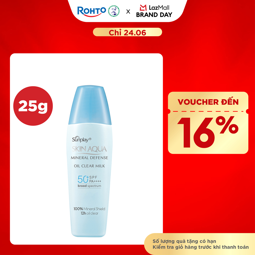 Kem chống nắng vật lý Skin Aqua kiềm dầu, dạng sữa dùng hàng ngày Sunplay Skin Aqua Mineral Defense Oil Clear Milk SPF50+ PA++++ 25g