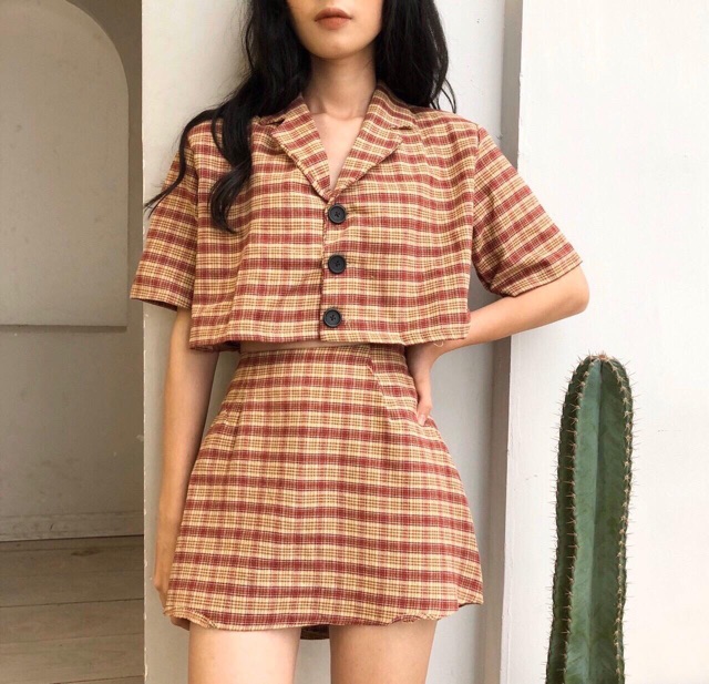 [HCM]Set váy áo croptop cổ vest kèm chân váy caro Ulzzang