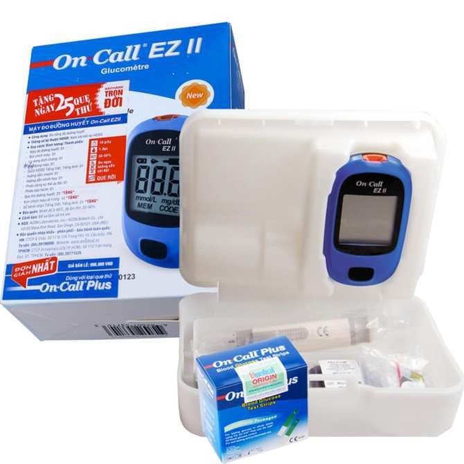 [HCM]MÁY ĐO ĐƯỜNG HUYẾT ON CALL EZ II - MỸ (HÀNG CHÍNH HÃNG) - BẢO HÀNH TRỌN ĐỜI. Gồm máy chính bút lấy máu pin 2032 10 kim tròn lấy máu 25 qua thử sách hướng dẫn. Ngoài ra được tặng kèm 100 kim tròn lấy máu 100 miếng gạc cồn
