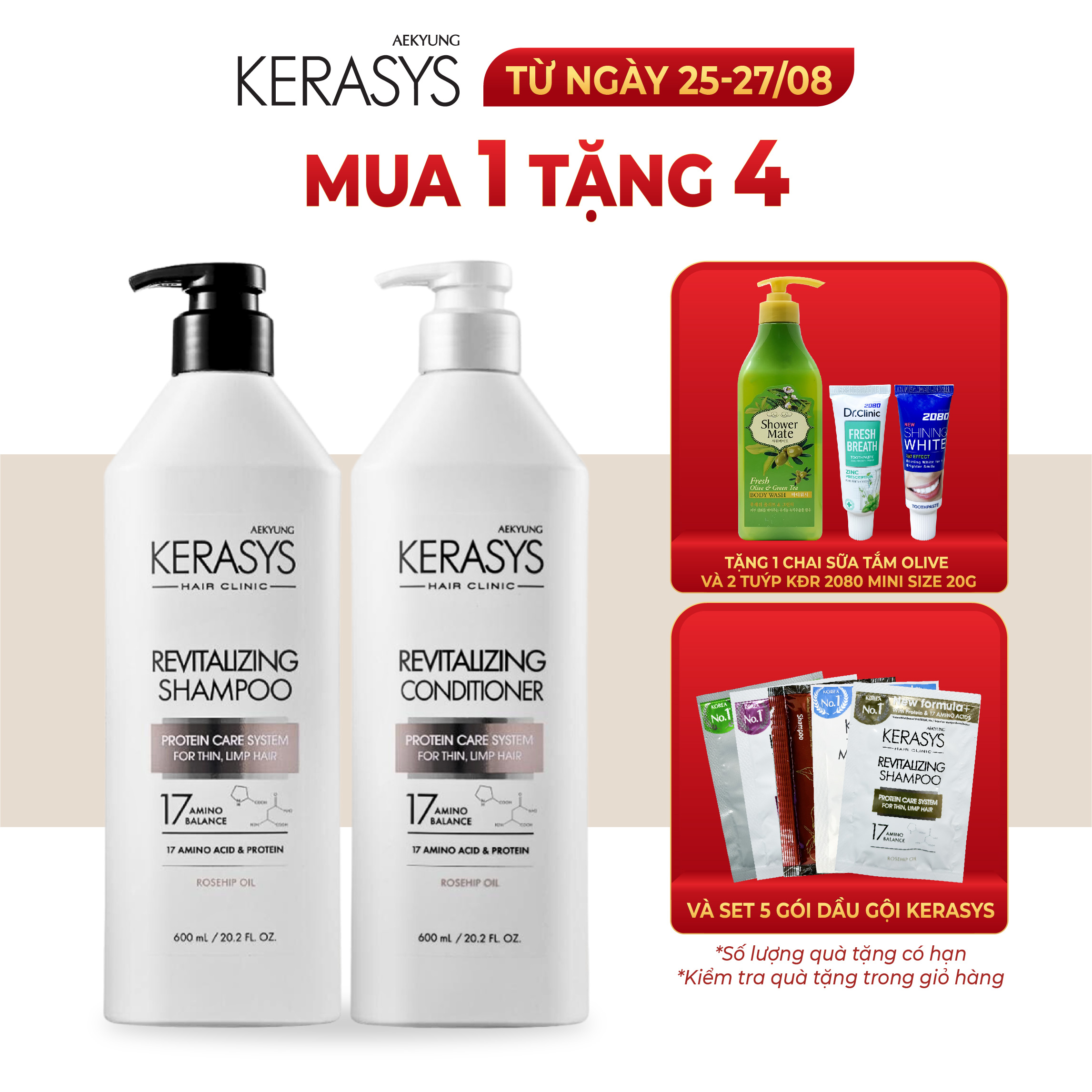 Cặp dầu gội xả Kerasys Revitalizing Hàn Quốc tăng cường độ đàn hồi làm phồng tóc cho tóc mỏng, mảnh, khó tạo kiểu 600ml