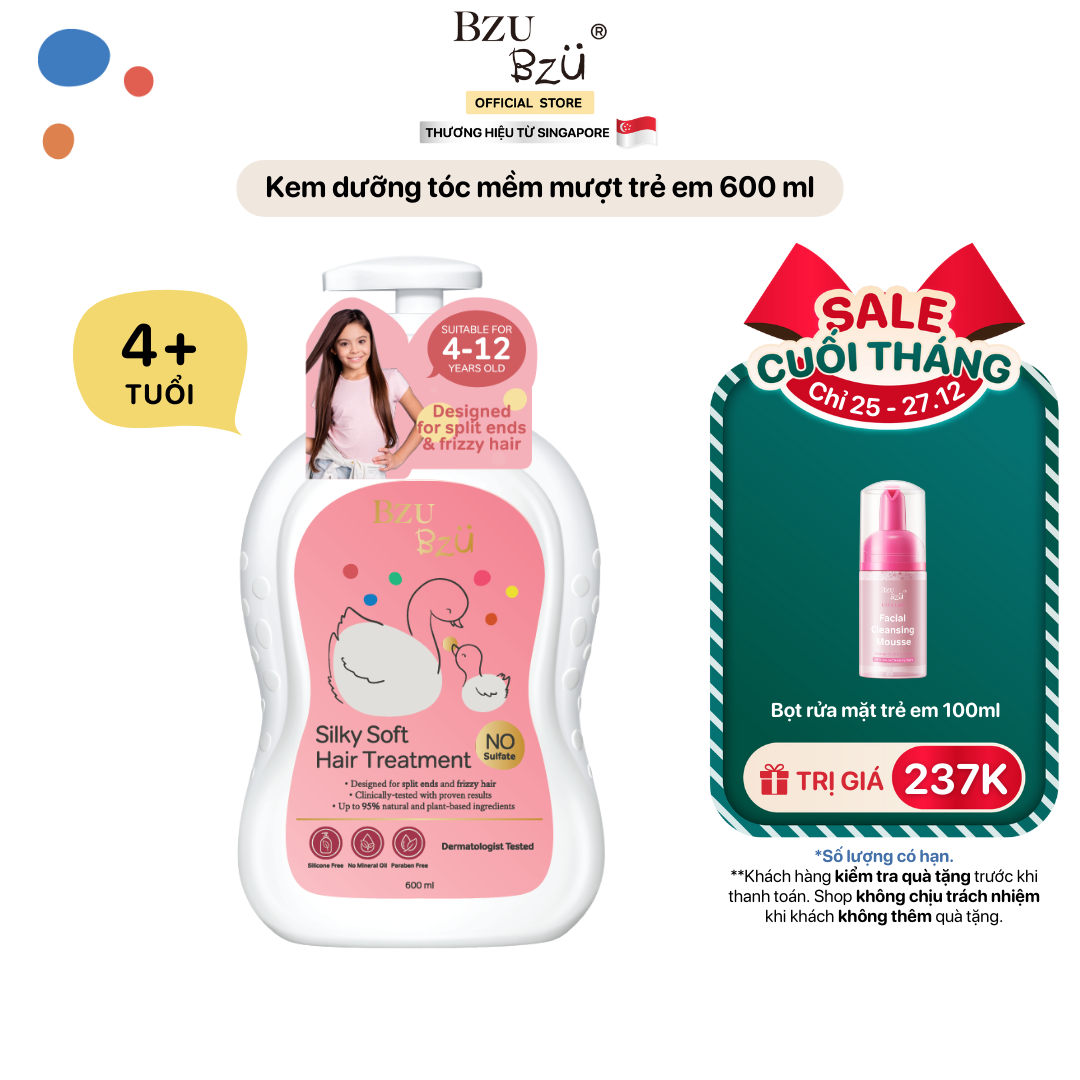 Kem Xả Dưỡng Tóc Trẻ Em BZU BZU Silky Soft Hair Treatment Giúp Tóc Bé Mềm Mại Chắc Khỏe 600ml
