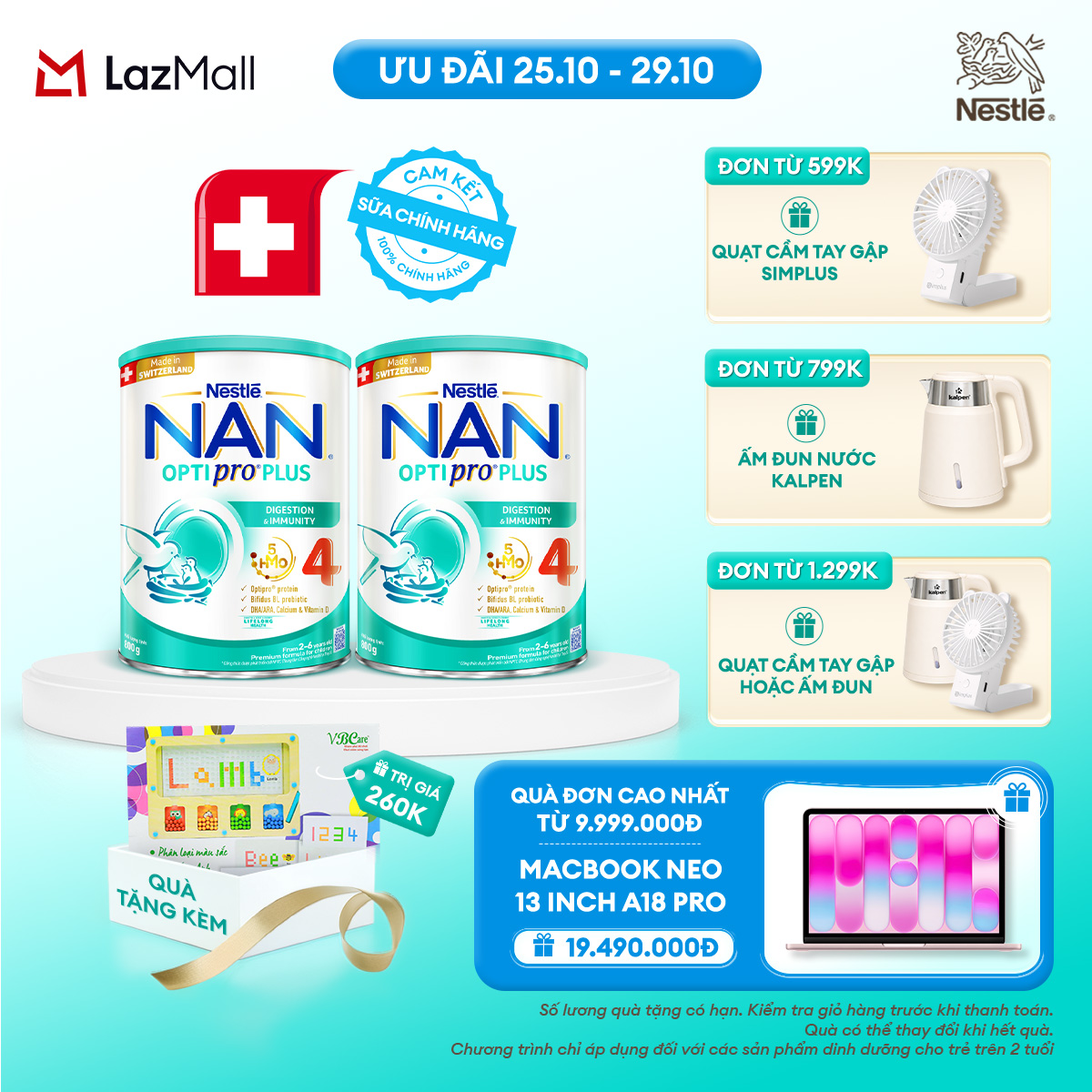 [CHỈ 25-29.10 QT ĐƠN 599K/799K/1299K] [Tặng Đồ chơi phân loại màu sắc] Combo 2 lon Sữa bột Nestlé NAN OPTIPRO PLUS 4 800g/lon với 5HMO Giúp tiêu hóa tốt + Tăng cường đề kháng