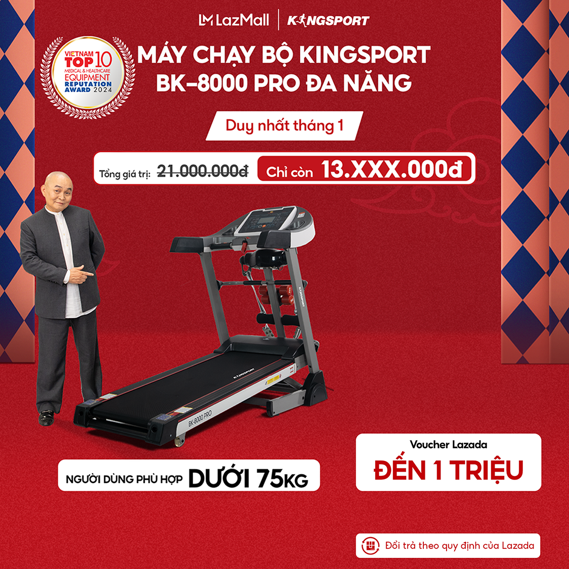  Miễn phí lắp đặt | Máy chạy bộ KINGSPORT BK-8000 Pro đa năng nâng dốc tự động 18% tốc độ tối đa 14khm h kèm đai massage và thanh gập bụng 