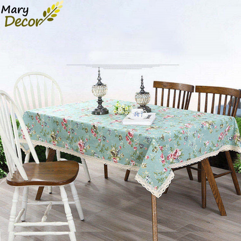 Khăn trải bàn vintage trang trí vải bố linen đẹp - họa tiết Hoa xanh vintage - KB-K04