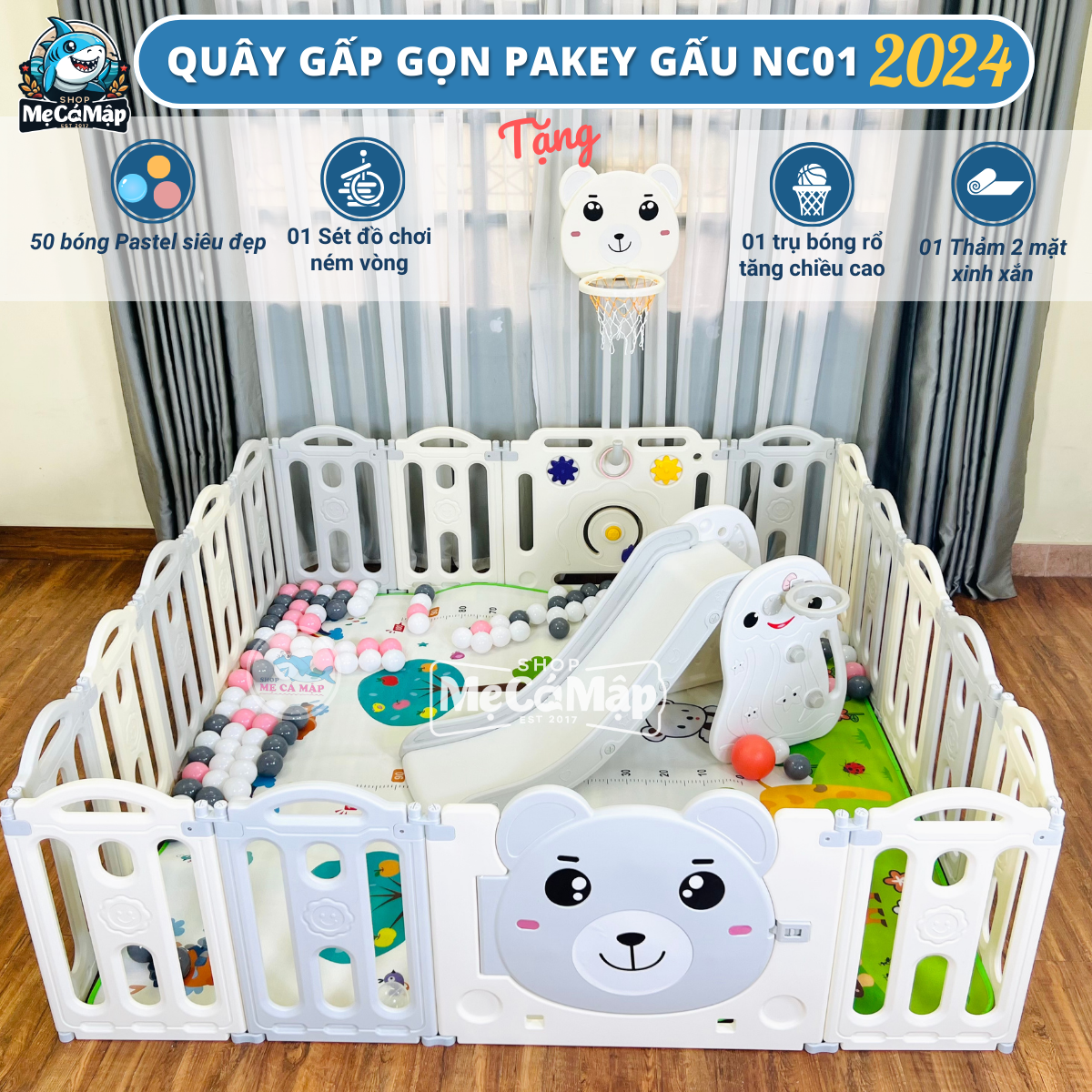 (FREESHIP)[Xả kho] Quây cũi nhựa gấp gọn 2024 TẶNG BÓNG RỔ BÓNG THẢM hiệu Gấu NC01 nhựa an toàn