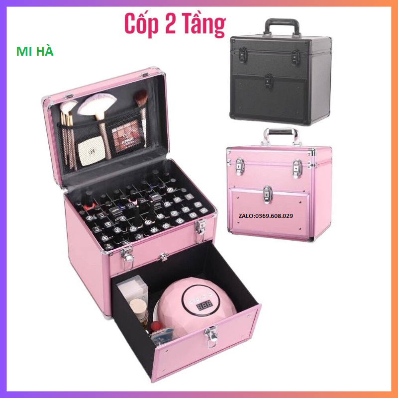 Cốp đựng đồ làm nail_phun xăm_nối mi_trang điểm 2 tầng_hộp đựng mỹ phẩm vỏ da vân cao cấp_cốp nhôm 2 tầng,túi đồ trang điểm, tủ đựng đồ cho thợ nail túi đồ dùng cá nhân & mỹ phẩm