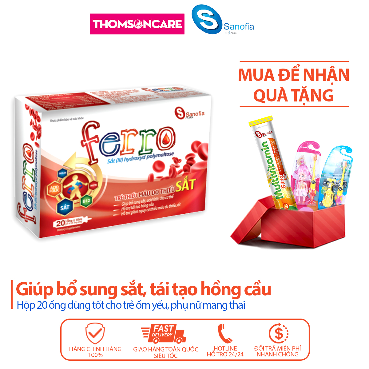 Siro sắt dạng ống Ferro Sanofia bổ máu, tái tạo hồng cầu dùng được cho bé từ 1 tuổi và mẹ bầu - Hộp 20 ống Thomsoncare