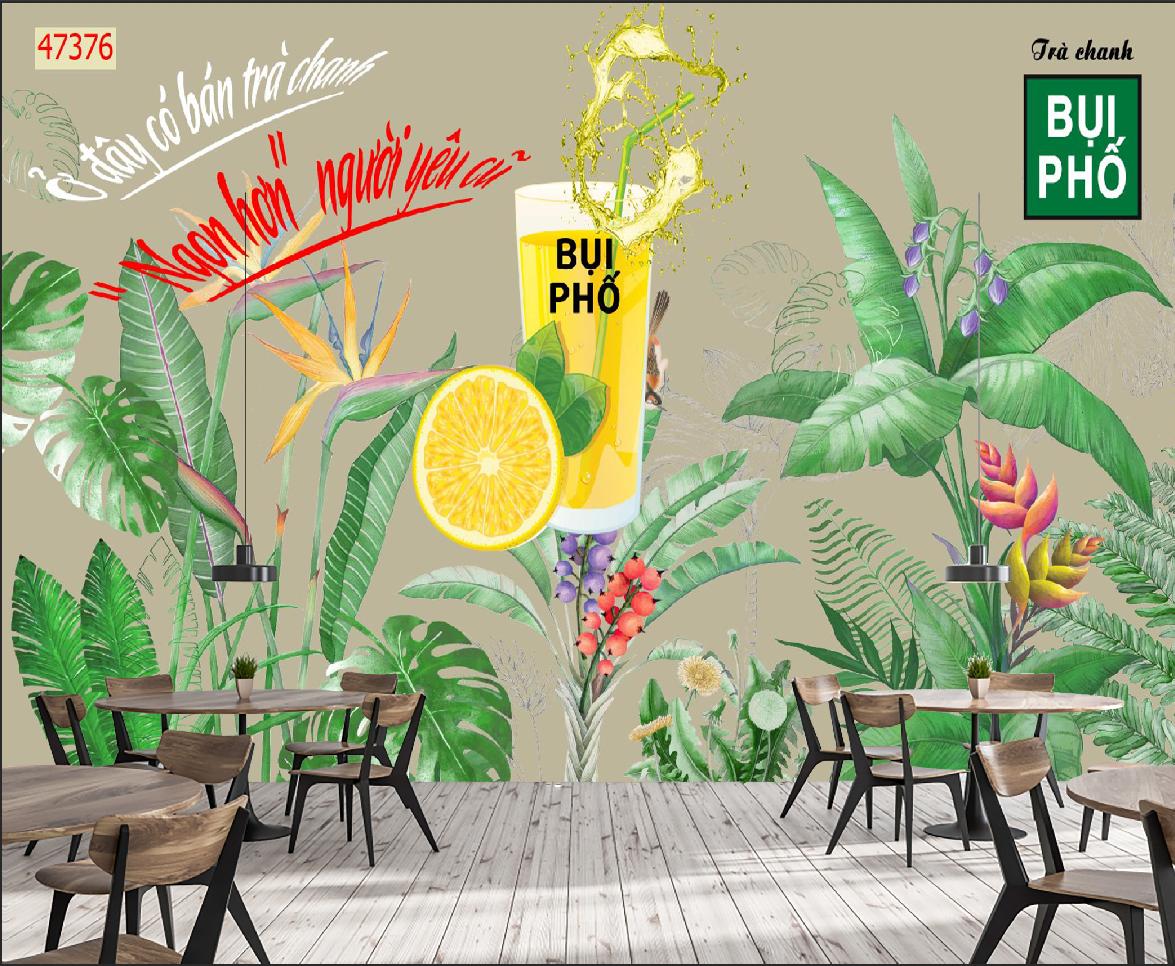 Tranh dán tường 3d trang trí quán cafe trà sữa trà chanh giá rẻ đẹp chất liệu decal pp keo sẵn bóc dán PA