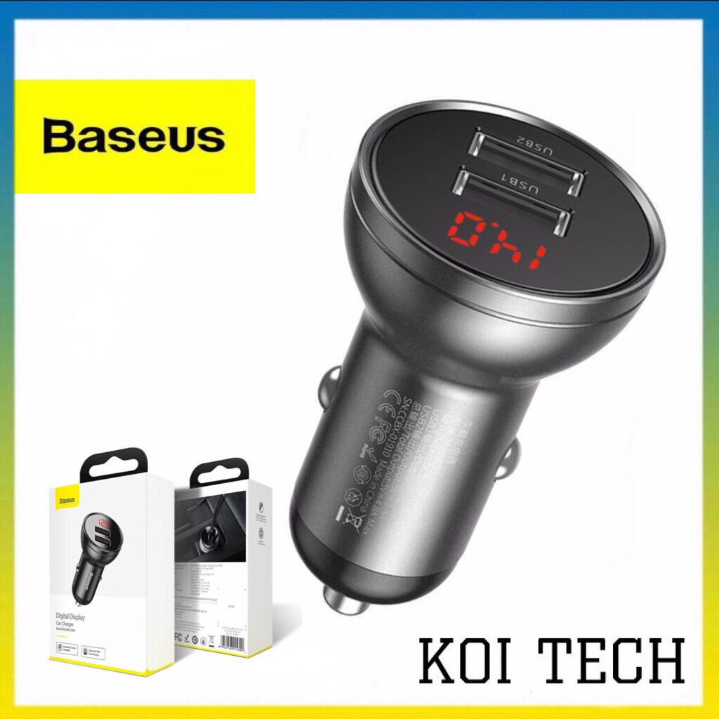 Tẩu sạc xe hơi baseus 4.8A 24W  2 cổng sạc có led báo hiển thị - Củ sạc nhanh QC3.0 dành cho ô tô 2 cổng sạc,  sạc nhanh quick charge 3.0 Tẩu sạc oto. - KOI TECH