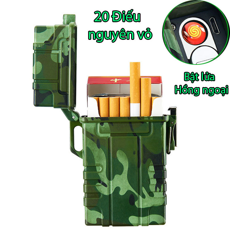 [HCM]hộp đựng thuốc chống nước nguyên vỏ 20 điếu kim bật lửa điện hồng ngoại sạc pin