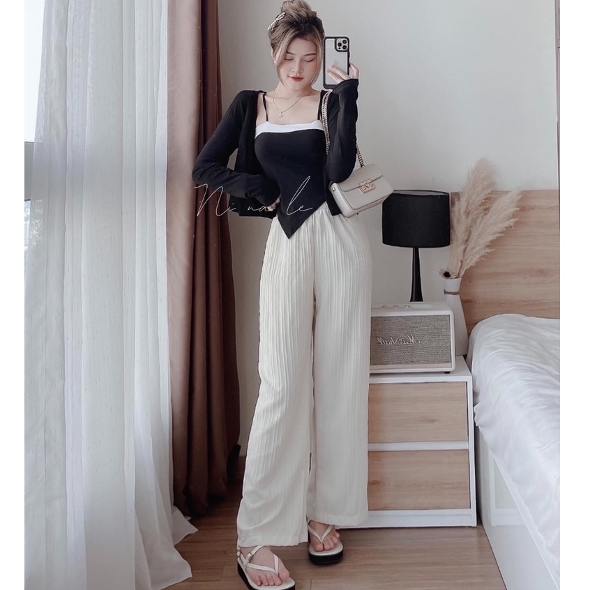 Set len áo 2 dây vạt chéo quần ống rộng áo khoác ngoài mongtoghi