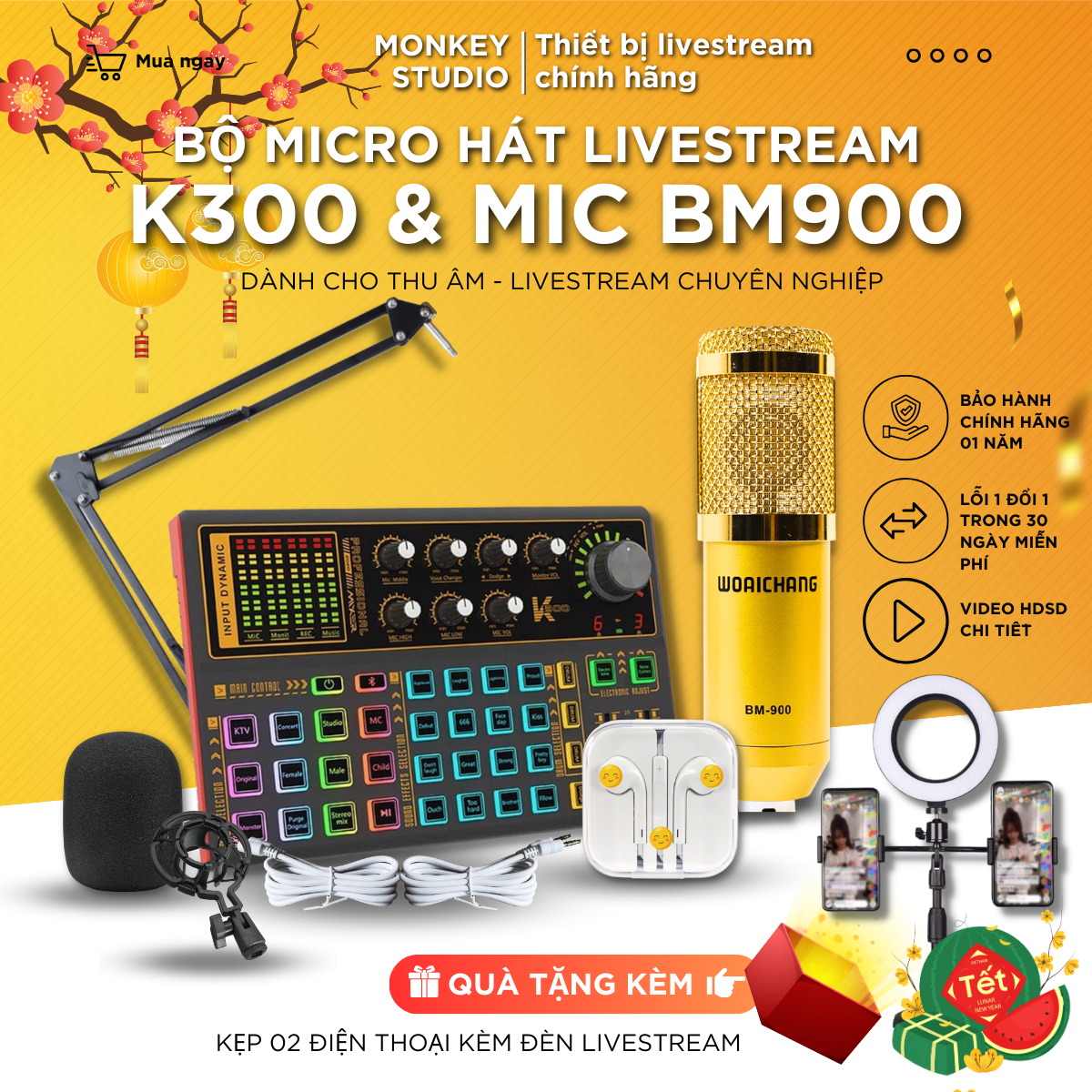 Mic Livestream | Micro thu âm Sound Card K300 & Mic BM900 Hát Livestream Điện Thoại Chuyên Nghiệp, Monkey Studio