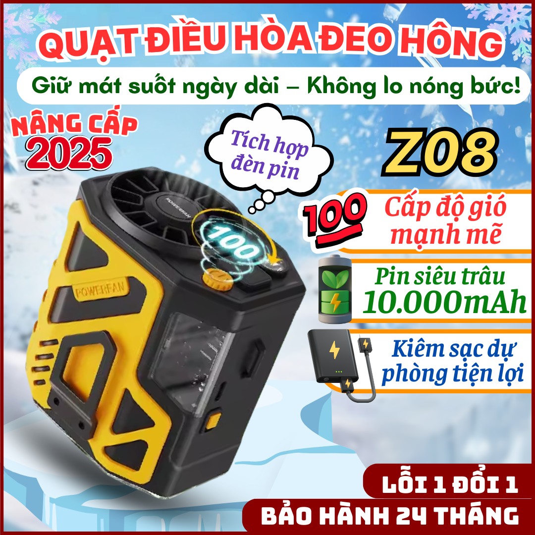 Quạt Điều Hòa Đeo Hông Đeo Cổ Mẫu 2025, Quạt Sạc Tích Điện Chạy 30 Giờ Kiêm Sạc Dự Phòng, đeo thắt lưng, đeo cổ Z08/Z09/Z10/Z11