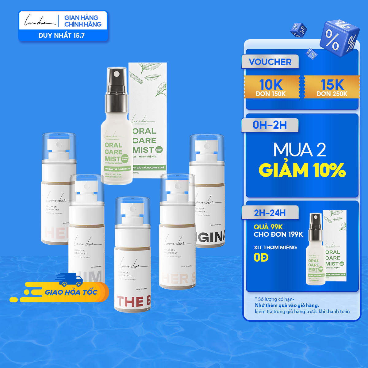 Combo xịt thơm lovedear: xịt thơm nước hoa thơm lâu - có collagen và vitamin c e nhiều mùi 50ml + xịt thơm miệng 20ml