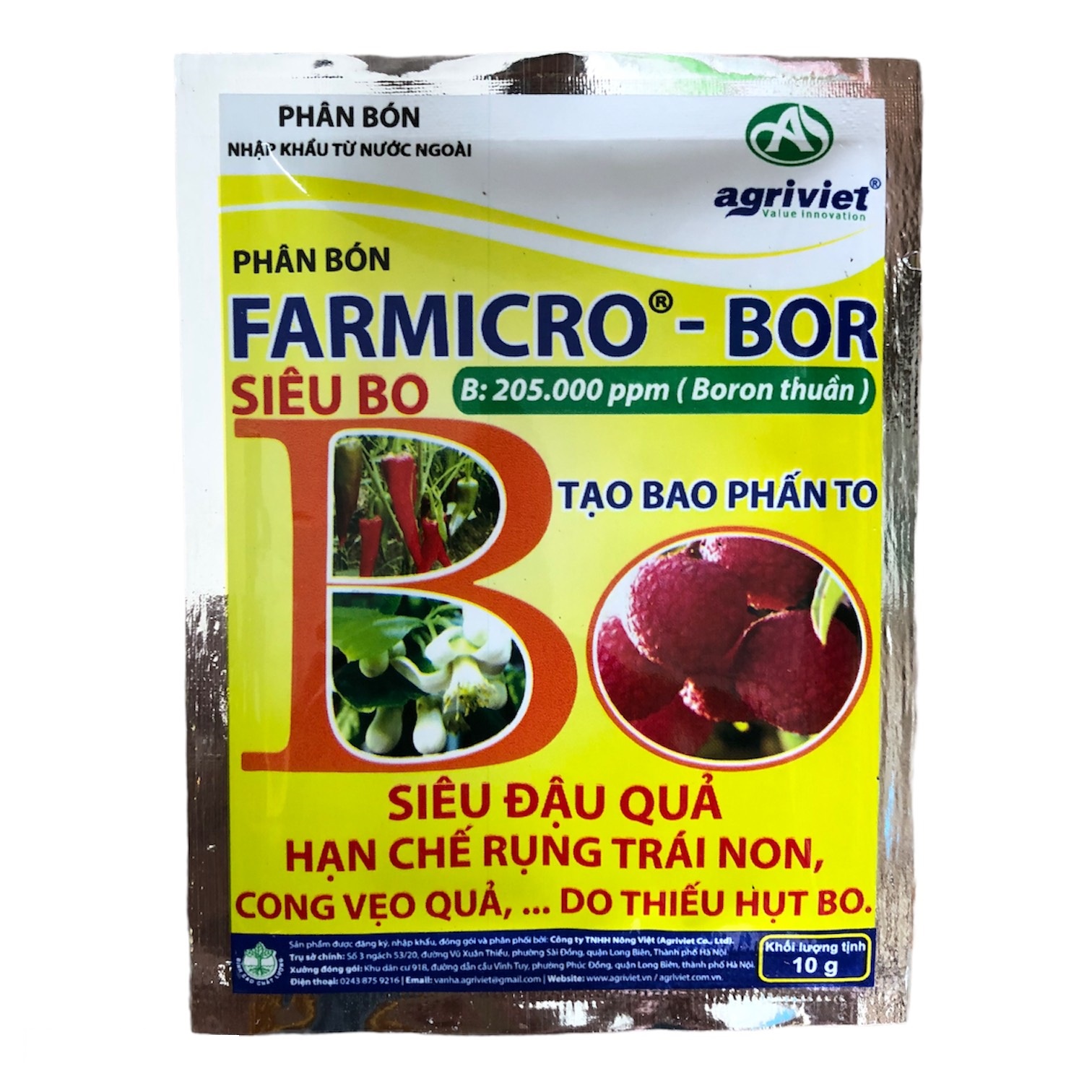 Kích thích ra hoa, đậu quả, hạn chế rụng quả non, xoăn búp, cong vẹo quả... do thiếu Bo, Gói 10gr