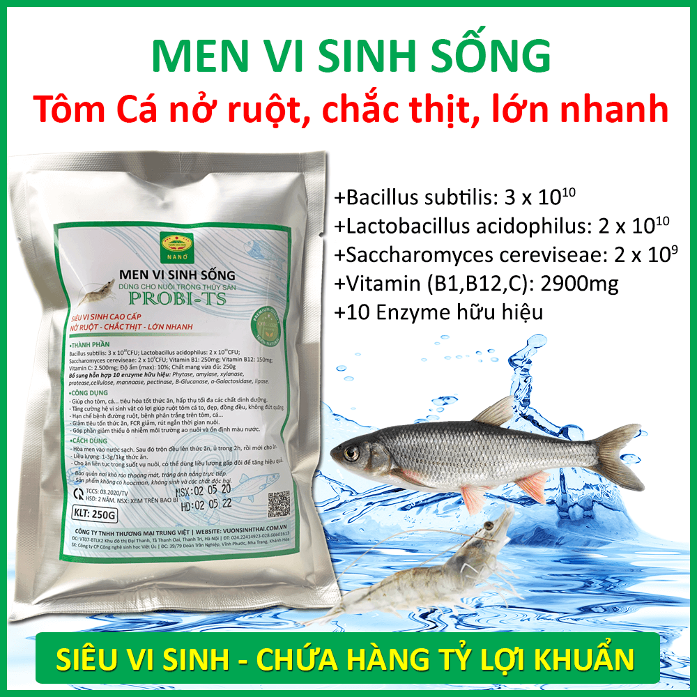 Vi sinh đường ruột cho Tôm Cá. Vỗ béo, chắc thịt lớn nhanh. Chứa hàng tỷ lợi khuẩn. Ngăn ngừa các bệnh về đường ruột. Chiết xuất lên men 100% tự nhiên