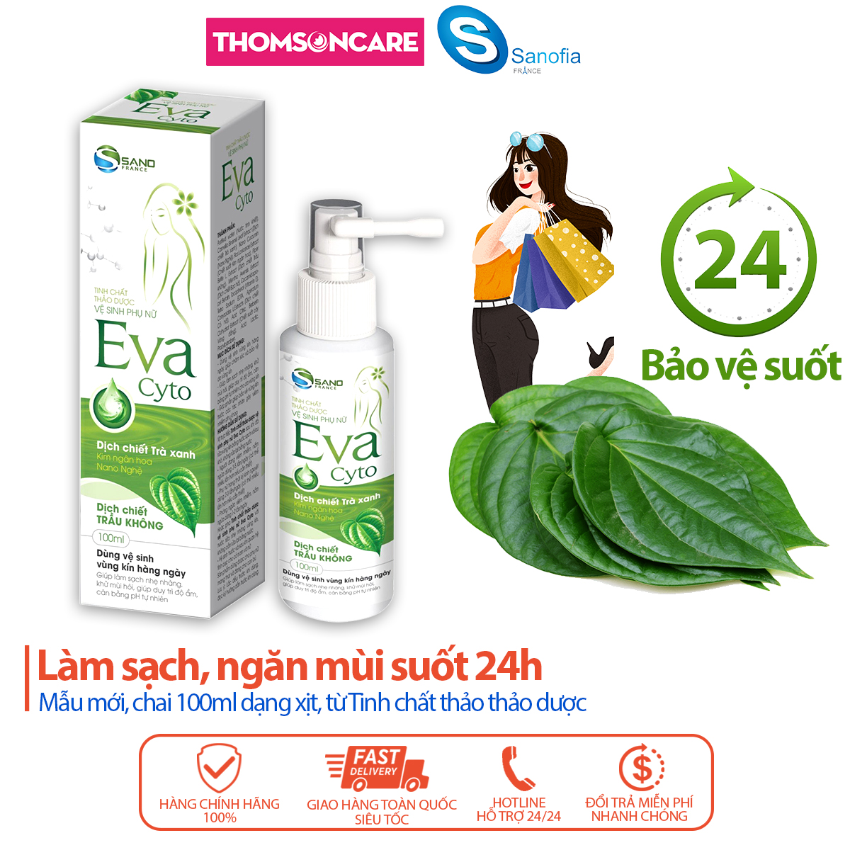 Dung dịch vệ sinh phụ nữ Eva Cyto dạng xịt Sano 100ml mẫu mới - Từ tinh chất thảo dược giúp làm sạch, khử mùi cân bằng độ pH