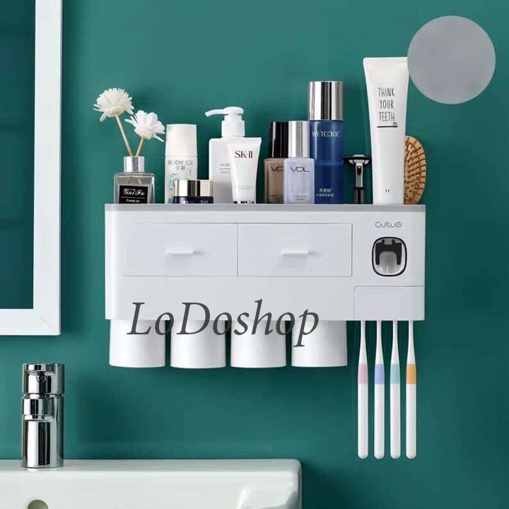 Kệ nhả kem đánh răng tự động dán tường 4 cốc OUWE - Kệ nhà tắm đa năng máng bàn chải, dầu gội sữa tắm - Kệ nhà vệ sinh