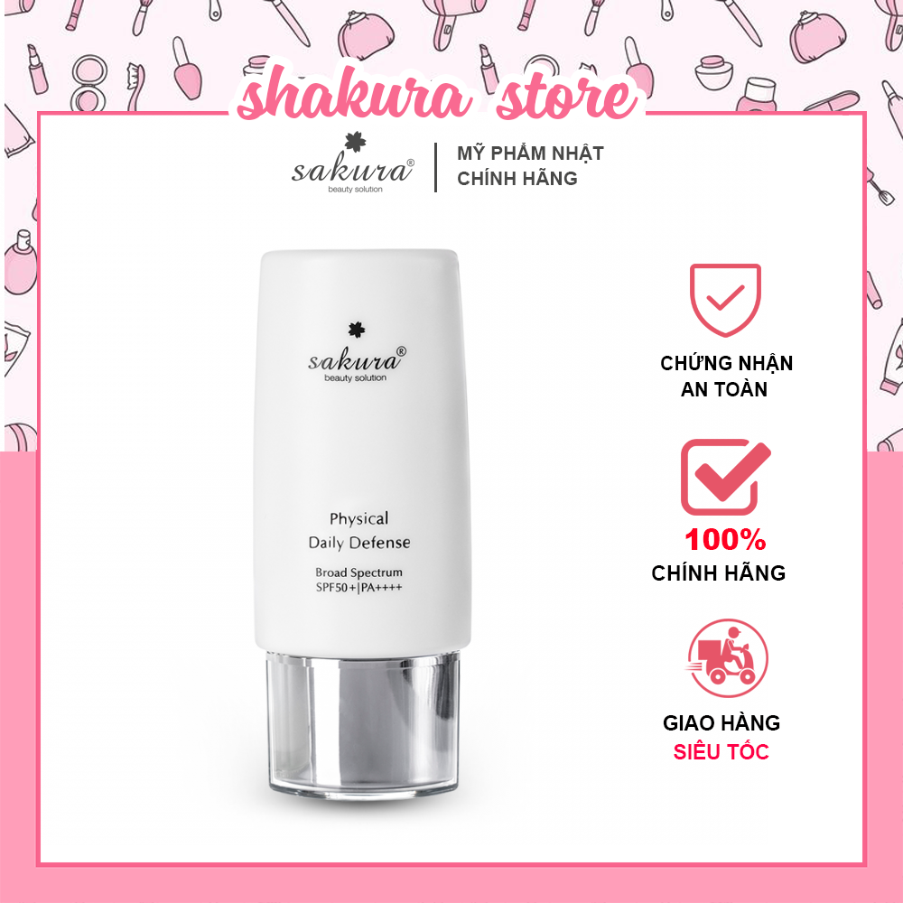 [MỸ PHẨM SAKURA CHÍNH HÃNG]Nhũ tương chống nắng vật lý Sakura Physical Daily Defense - Chỉ số chống nắng SPF50+ PA++++ - Chống nắng dành cho da nhạy cảm, da dầu mụn - Chống nắng nhẹ, thoáng cho da, không lên tông - Hộp 30gr